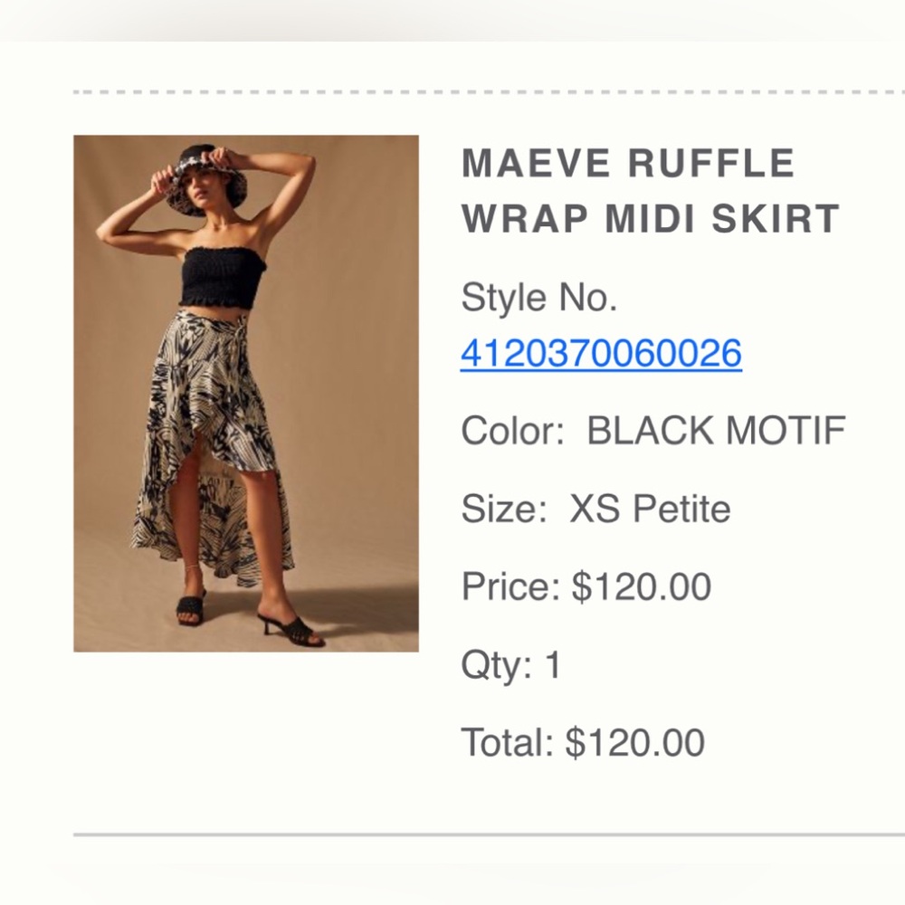 From Anthropologie —- Maeve ruffle wrap midi skirt. XS petite